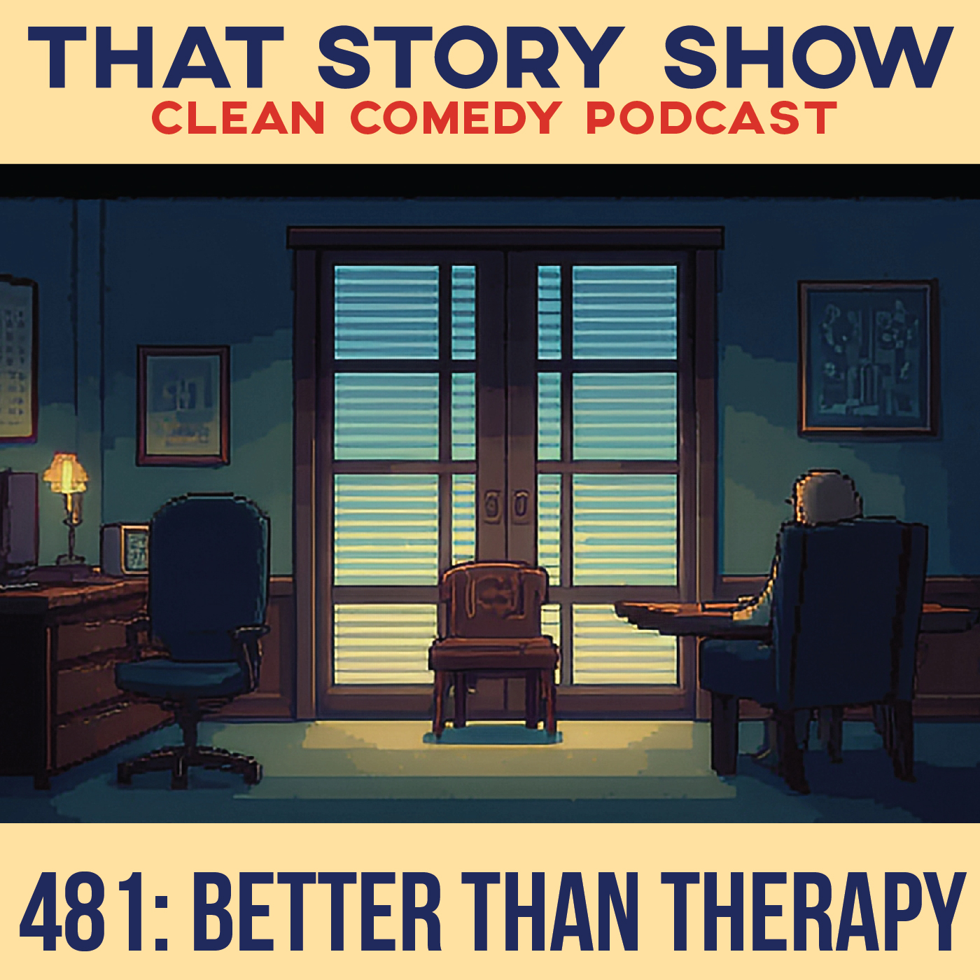 That Story Show episode 481: Better than therapy. a dark therapy room with a therapist looking at an empty chair.